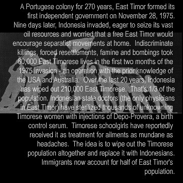 A Portugese colony for 270 years, East Timor formed its first
       	   independent government on November 28, 1975.  Nine days later,
	   Indonesia invaded, eager to seize its vast oil resources and
	   worried that a free East Timor would encourage separatist
	   movements at home.  Indiscriminate killings, forced
	   resettlements, famine and bombings took 60,000 East Timorese
  	   lives in the first two months of the 1975 invasion - an
	   operation with the prior knowledge of the USA and Australia.
	   Over the last 20 years, Indonesia has wiped out 210,000 East
	   Timorese.  That's 1/3 of the population. Indonesian state
	   doctors (the only physicians in East Timor) have sterilized
	   thousands of unknowning Timorese women with injections of
	   Depo-Provera, a birth control serum.  Timorese schoolgirls have
	   reportedly received it as treatment for ailments as mundane as
	   headaches.  The idea is to wipe out the Timorese population
	   altogether and replace it with Indonesians.  Immigrants now
	   account for half of East Timor's population.